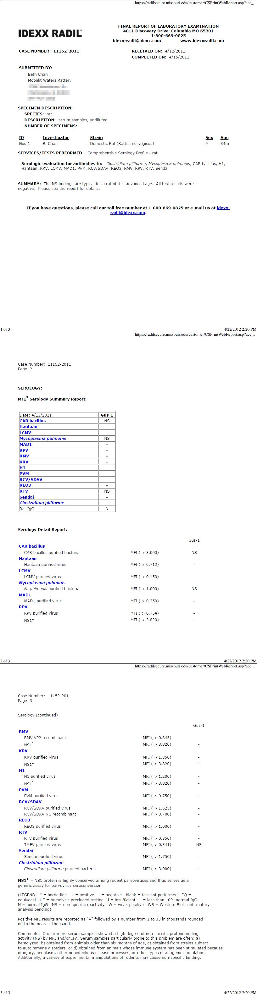 2011 RADIL Serology Test - Comprehensive, no positives, NS results for CAR-B, RTV and Myco