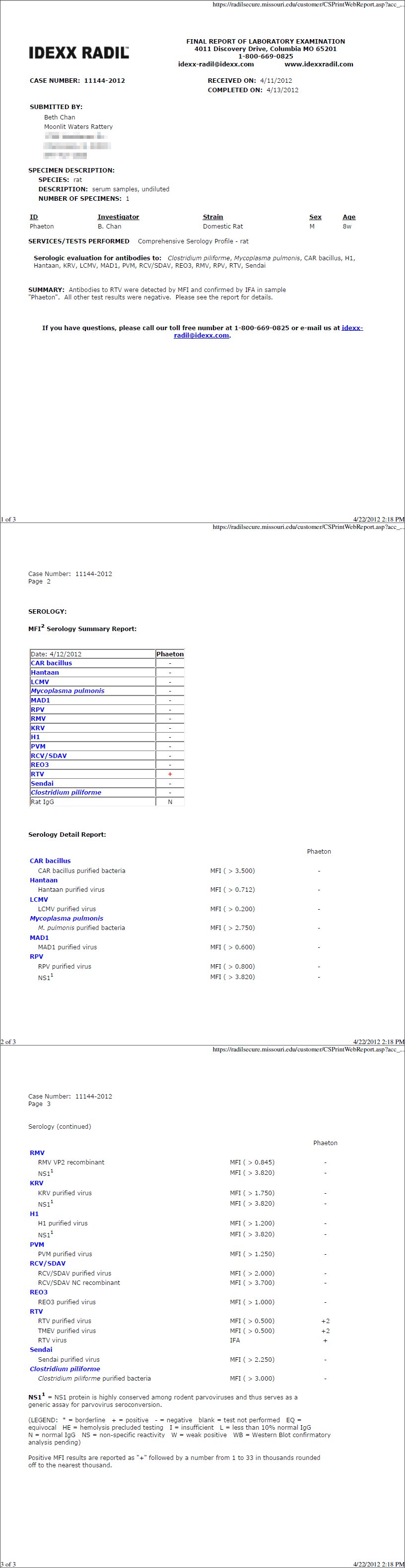 2012 RADIL Serology Test - Comprehensive, only positive (+2) is RTV