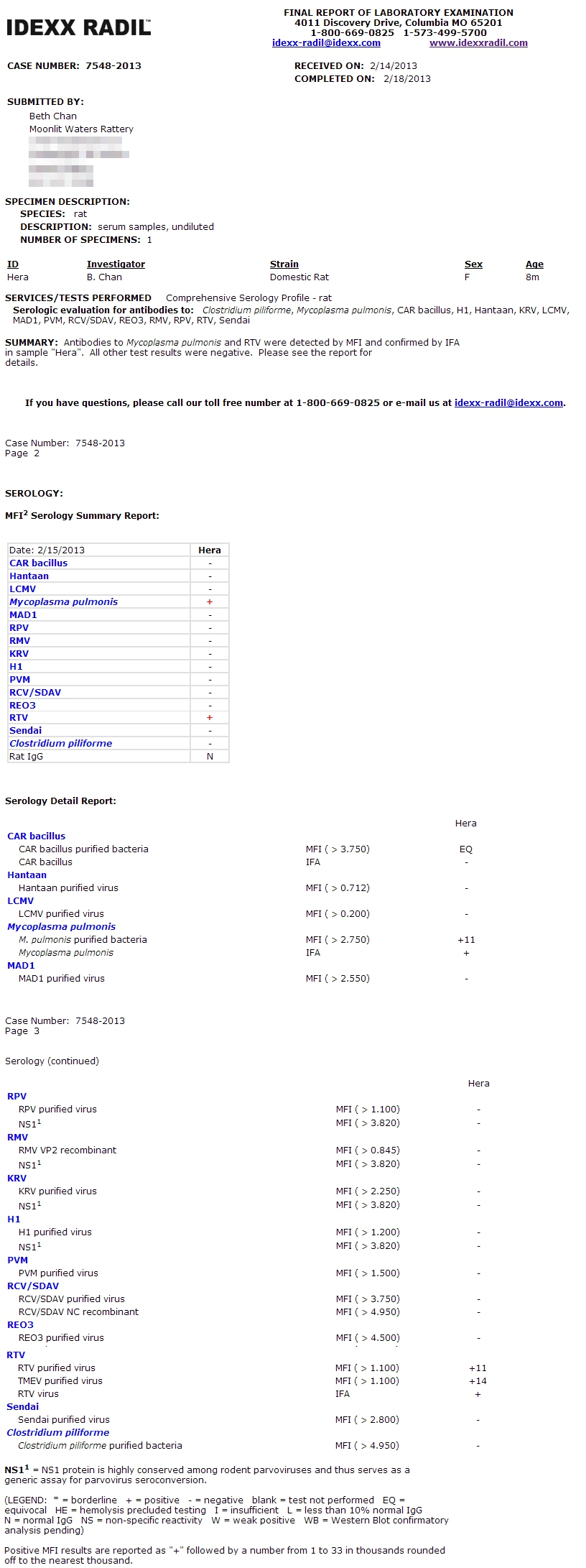 2013 RADIL Serology Test - Comprehensive, positive for RTV and Mycoplasma